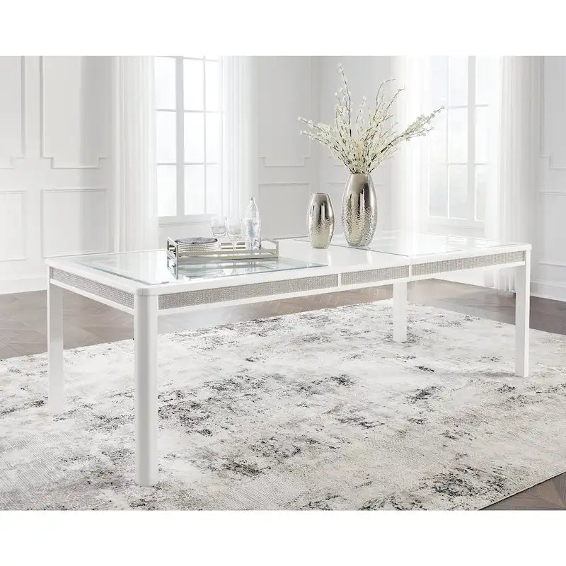 White Glam Rectangular Extension Dining Table with Rhinestone Glass Panels