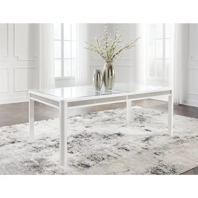 White Glam Rectangular Extension Dining Table with Rhinestone Glass Panels