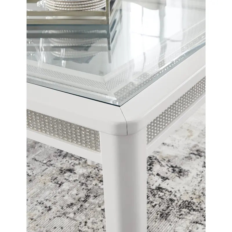 White Glam Rectangular Extension Dining Table with Rhinestone Glass Panels