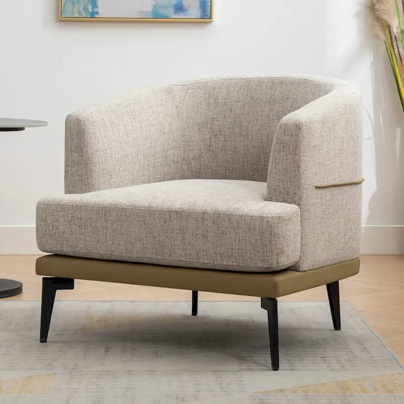 Two-Tone Linen and PU Leather Barrel Accent Chair with Metal Legs