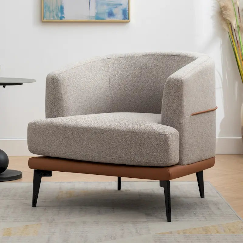 Two-Tone Linen and PU Leather Barrel Accent Chair with Metal Legs