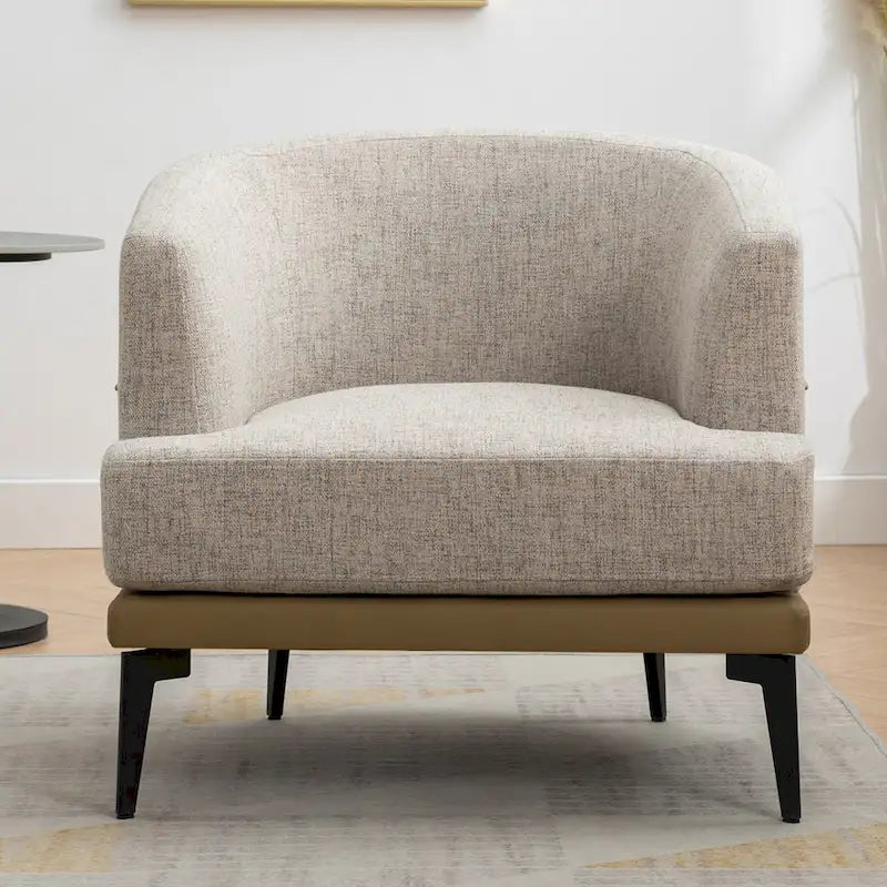 Two-Tone Linen and PU Leather Barrel Accent Chair with Metal Legs
