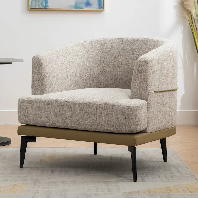 Two-Tone Linen and PU Leather Barrel Accent Chair with Metal Legs