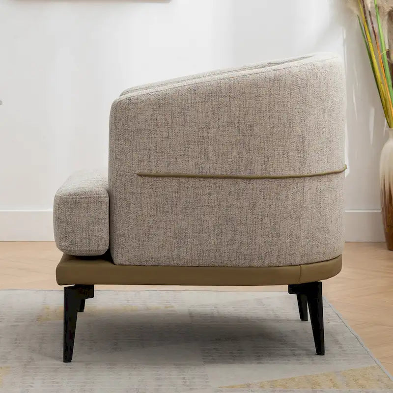 Two-Tone Linen and PU Leather Barrel Accent Chair with Metal Legs