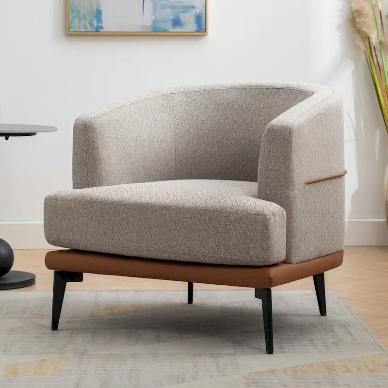 Two-Tone Linen and PU Leather Barrel Accent Chair with Metal Legs