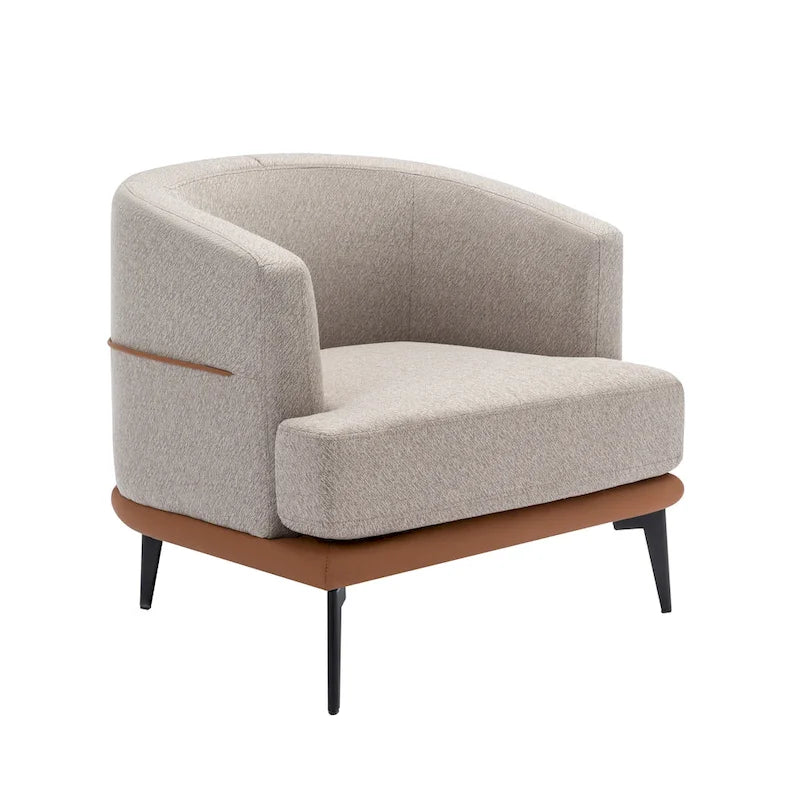 Two-Tone Linen and PU Leather Barrel Accent Chair with Metal Legs