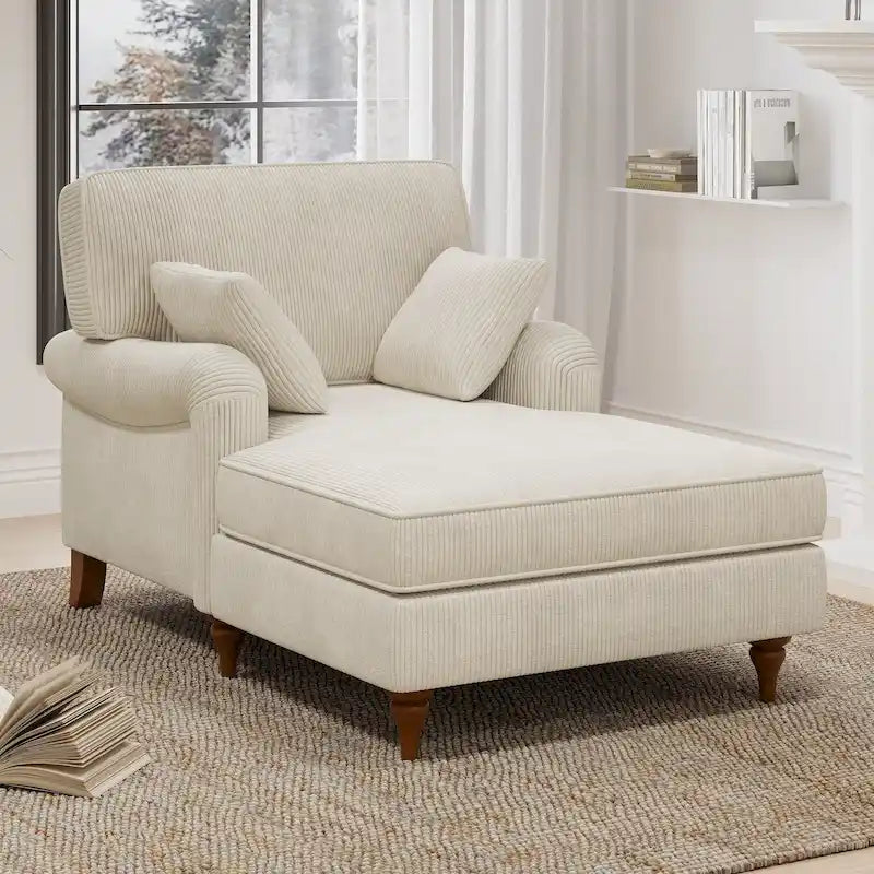 Beige Corduroy Chaise Lounge with Rolled Arms High-Density Foam Accent Pillows