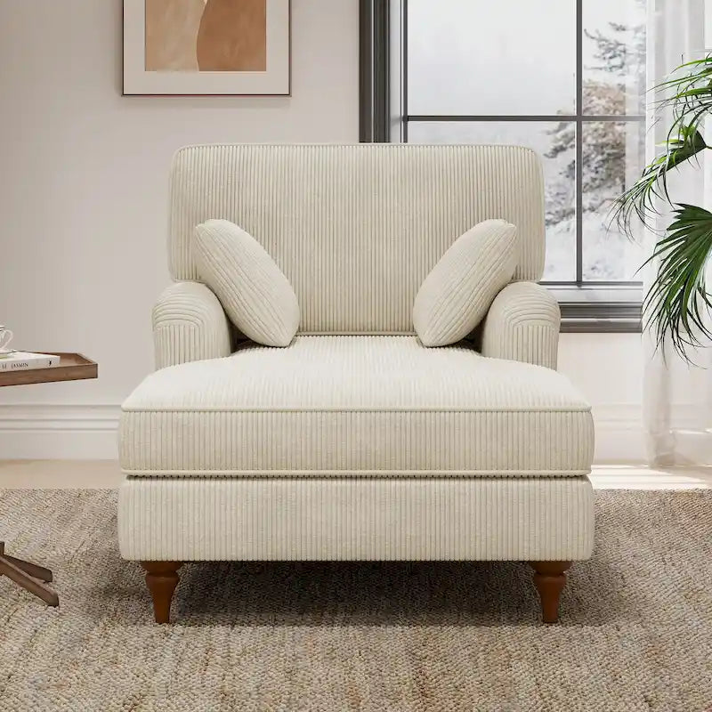 Beige Corduroy Chaise Lounge with Rolled Arms High-Density Foam Accent Pillows