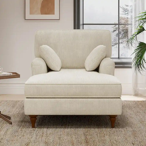 Beige Corduroy Chaise Lounge with Rolled Arms High-Density Foam Accent Pillows