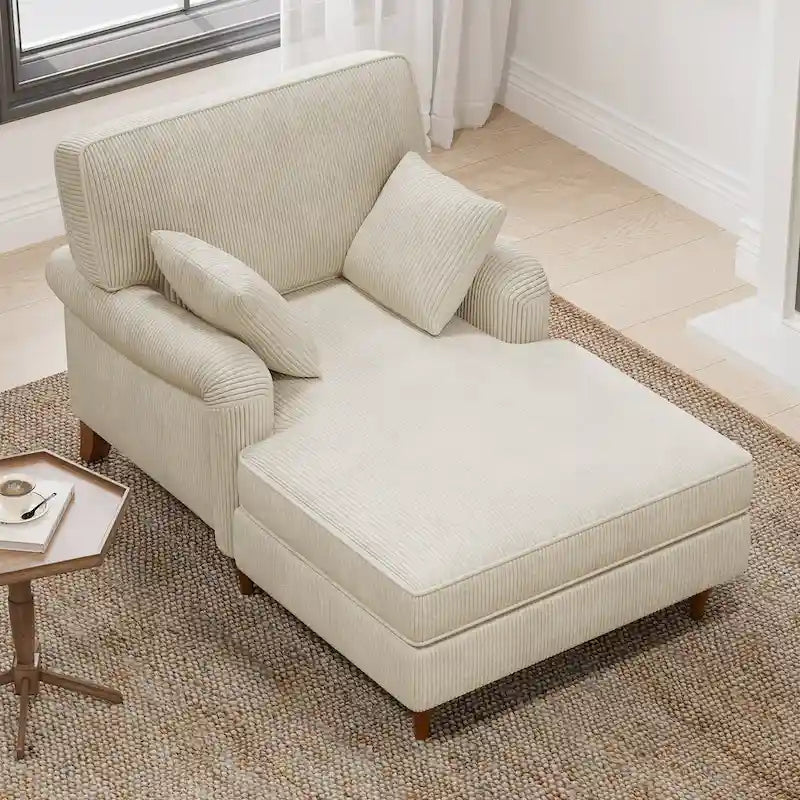Beige Corduroy Chaise Lounge with Rolled Arms High-Density Foam Accent Pillows
