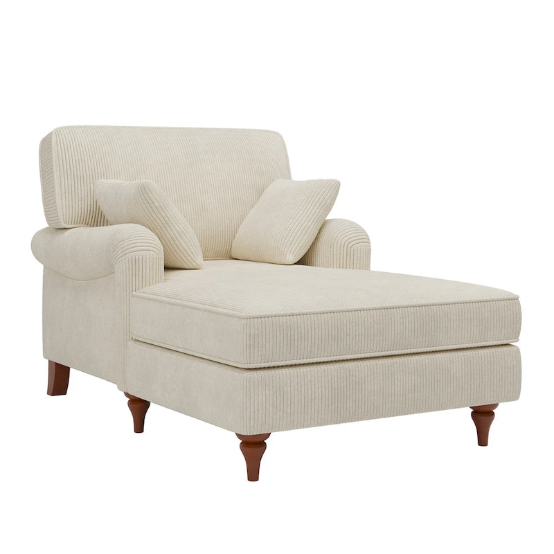 Beige Corduroy Chaise Lounge with Rolled Arms High-Density Foam Accent Pillows