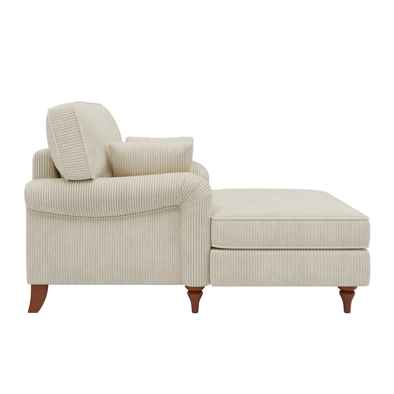 Beige Corduroy Chaise Lounge with Rolled Arms High-Density Foam Accent Pillows