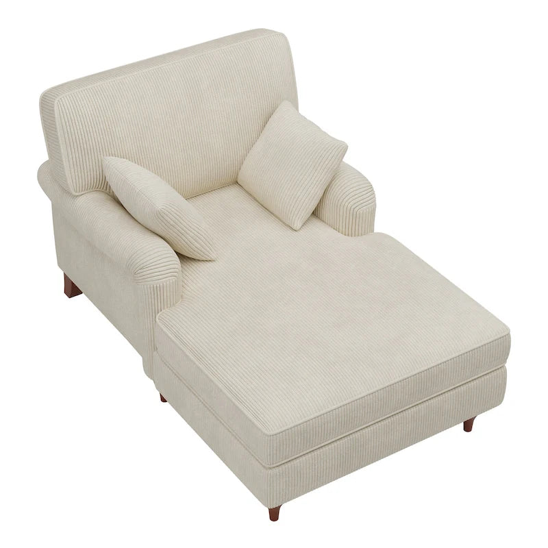 Beige Corduroy Chaise Lounge with Rolled Arms High-Density Foam Accent Pillows