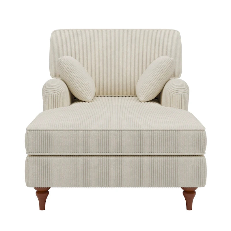 Beige Corduroy Chaise Lounge with Rolled Arms High-Density Foam Accent Pillows