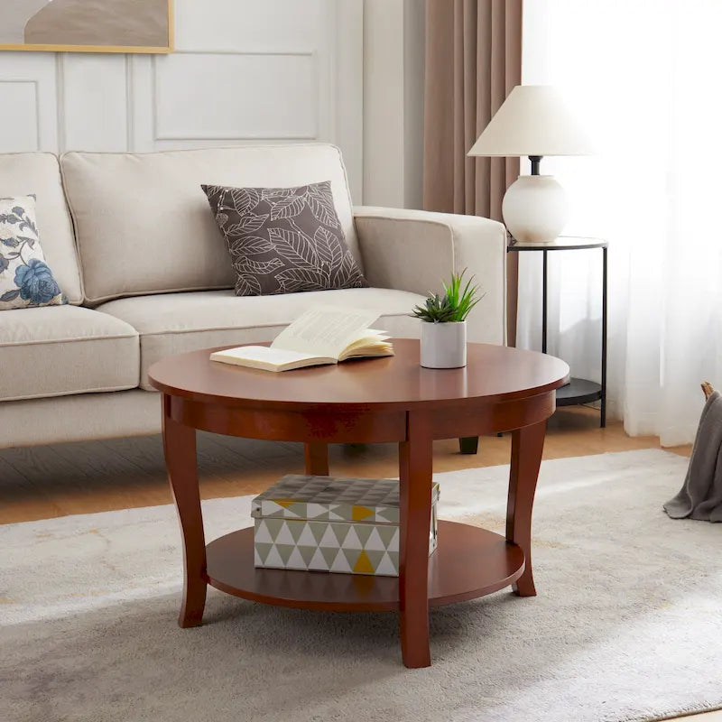 Round Wood Coffee Table with Lower Open Storage Shelf Cabriole Legs