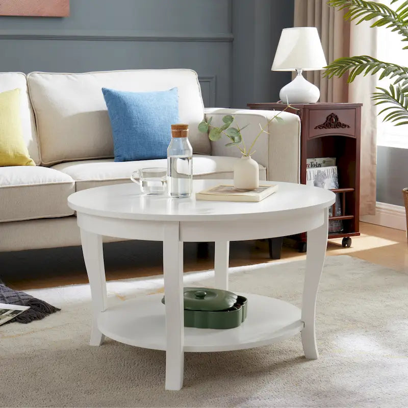 Round Wood Coffee Table with Lower Open Storage Shelf Cabriole Legs