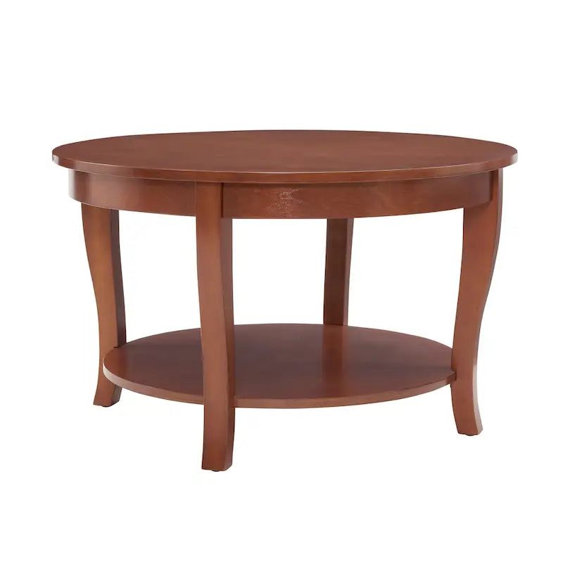 Round Wood Coffee Table with Lower Open Storage Shelf Cabriole Legs