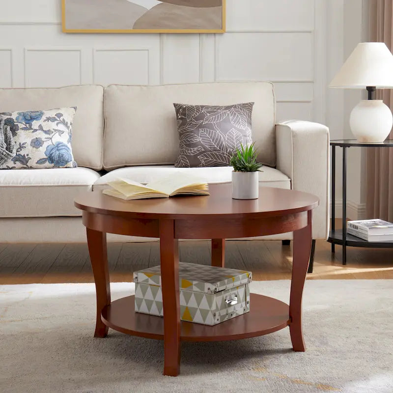 Round Wood Coffee Table with Lower Open Storage Shelf Cabriole Legs