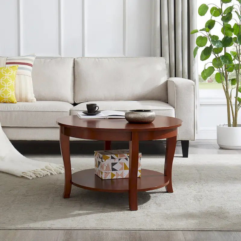 Round Wood Coffee Table with Lower Open Storage Shelf Cabriole Legs