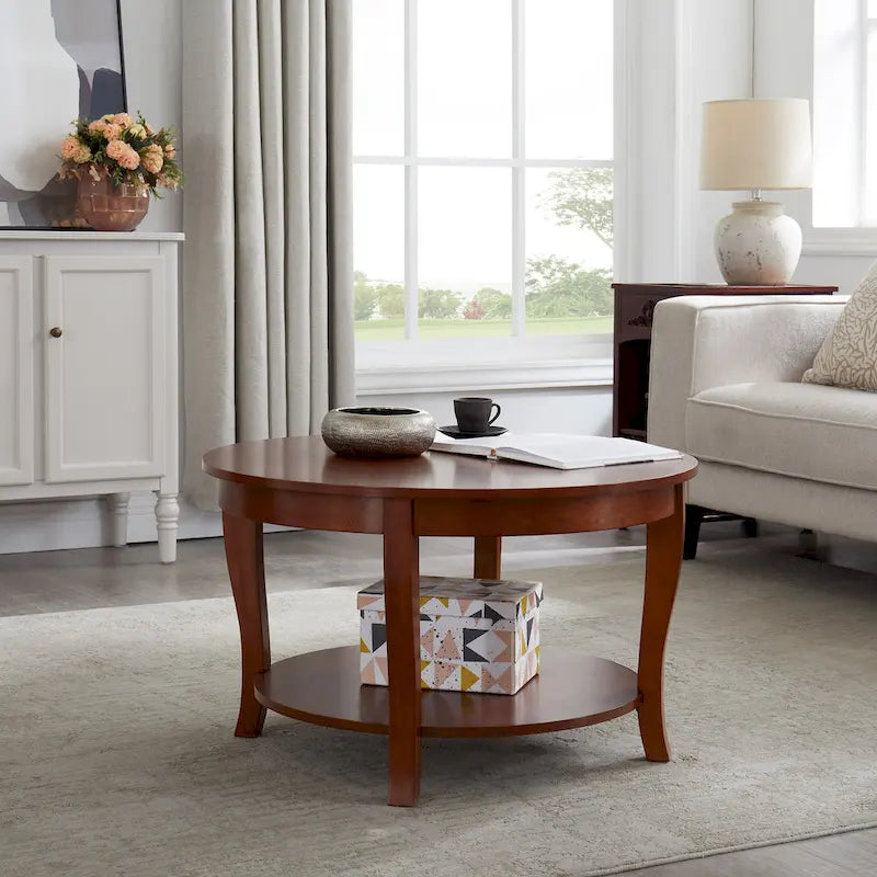 Round Wood Coffee Table with Lower Open Storage Shelf Cabriole Legs
