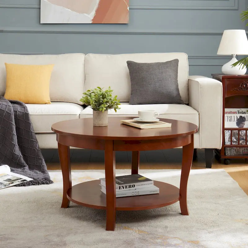 Round Wood Coffee Table with Lower Open Storage Shelf Cabriole Legs