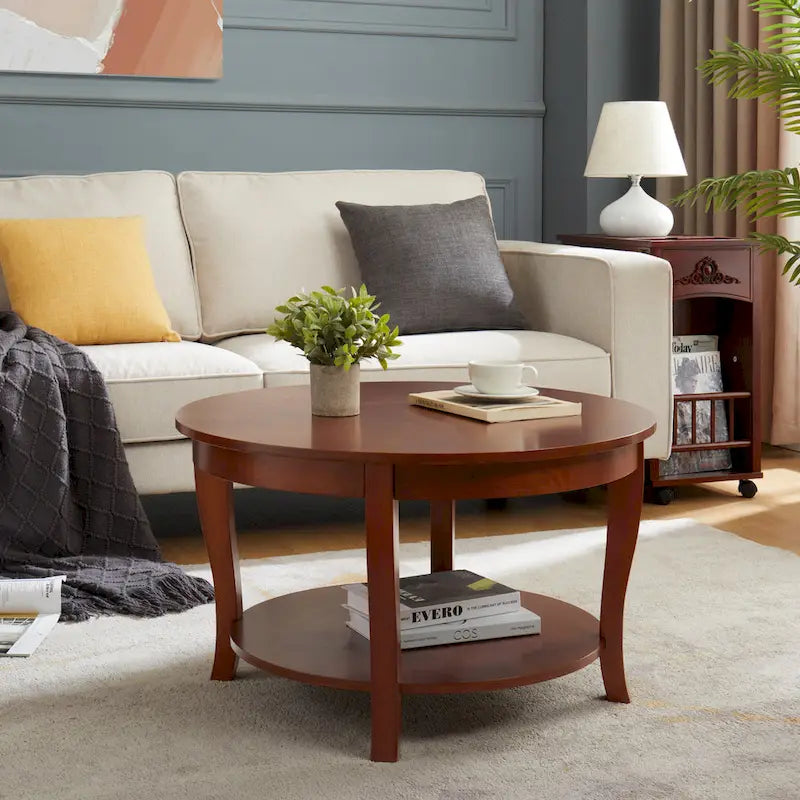 Round Wood Coffee Table with Lower Open Storage Shelf Cabriole Legs