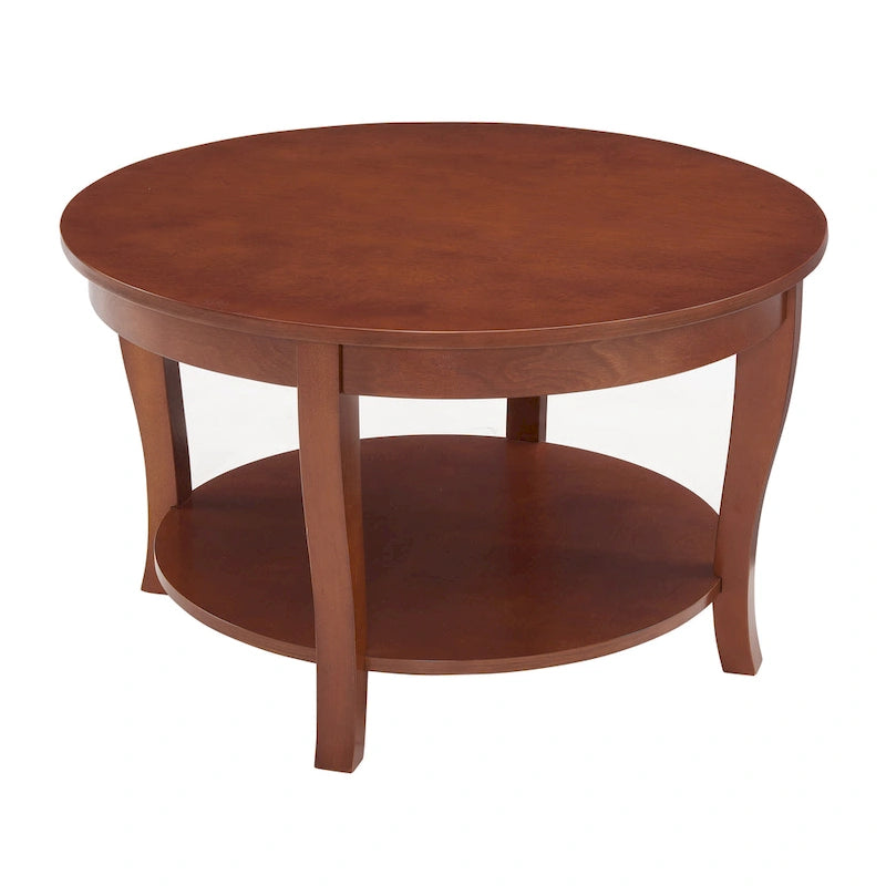 Round Wood Coffee Table with Lower Open Storage Shelf Cabriole Legs