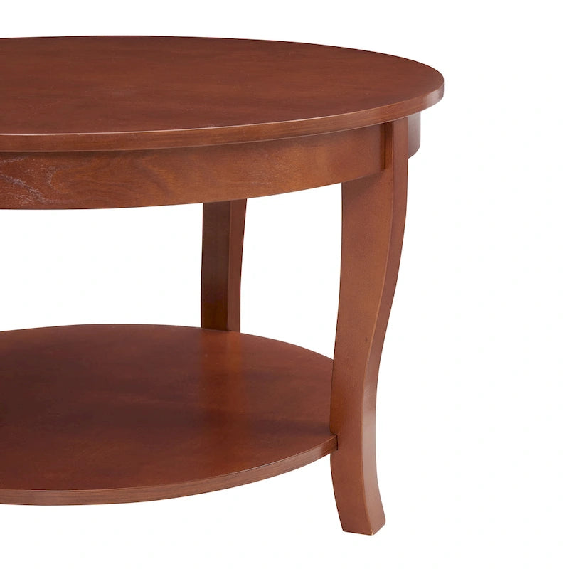 Round Wood Coffee Table with Lower Open Storage Shelf Cabriole Legs