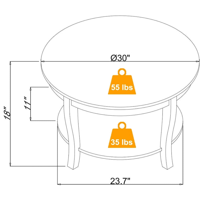Round Wood Coffee Table with Lower Open Storage Shelf Cabriole Legs