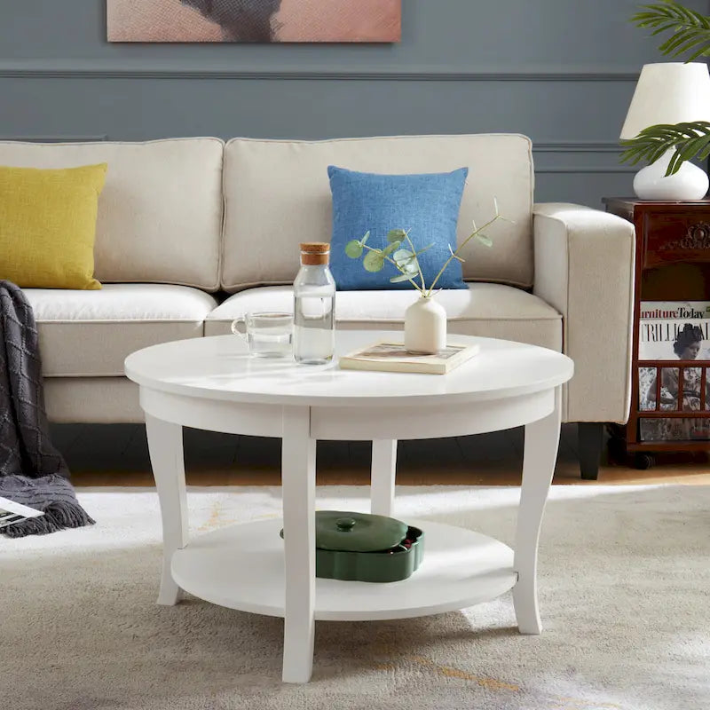 Round Wood Coffee Table with Lower Open Storage Shelf Cabriole Legs