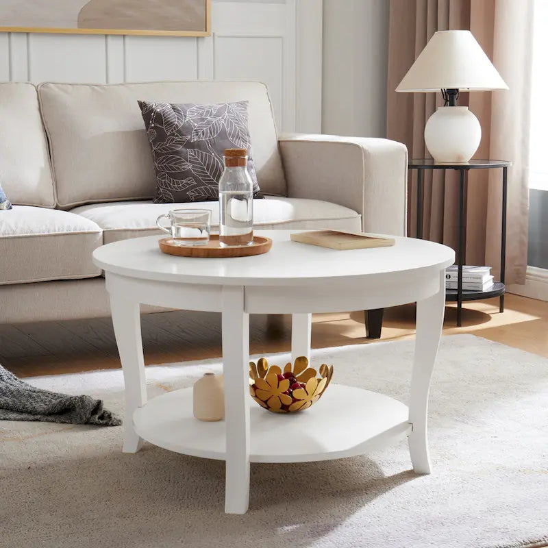 Round Wood Coffee Table with Lower Open Storage Shelf Cabriole Legs