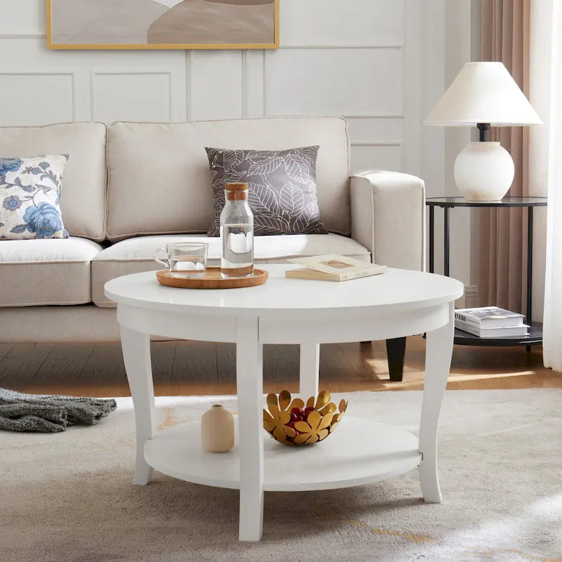 Round Wood Coffee Table with Lower Open Storage Shelf Cabriole Legs