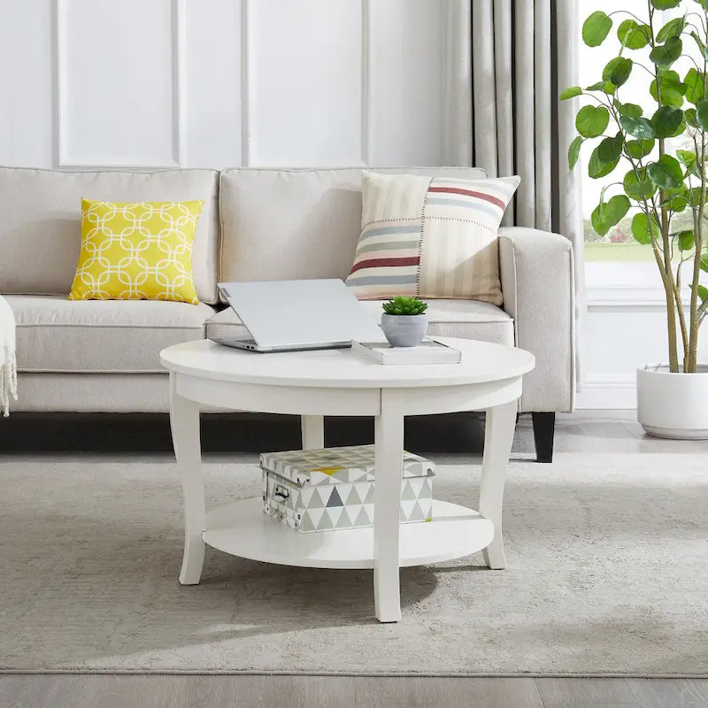 Round Wood Coffee Table with Lower Open Storage Shelf Cabriole Legs