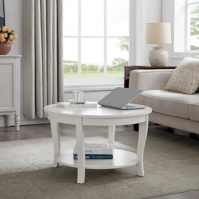 Round Wood Coffee Table with Lower Open Storage Shelf Cabriole Legs