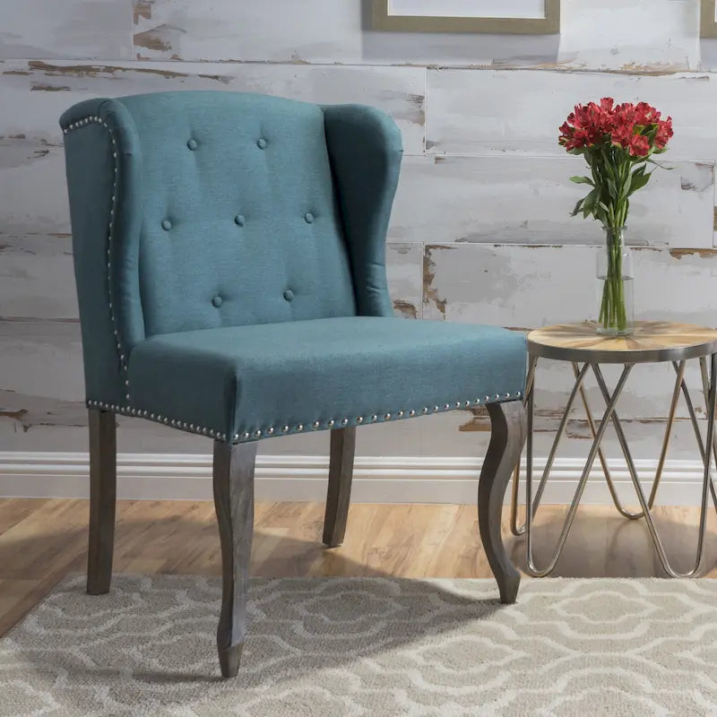 Teal Wingback Button Tufted Accent Chair with Nailhead Trim Cabriole Legs