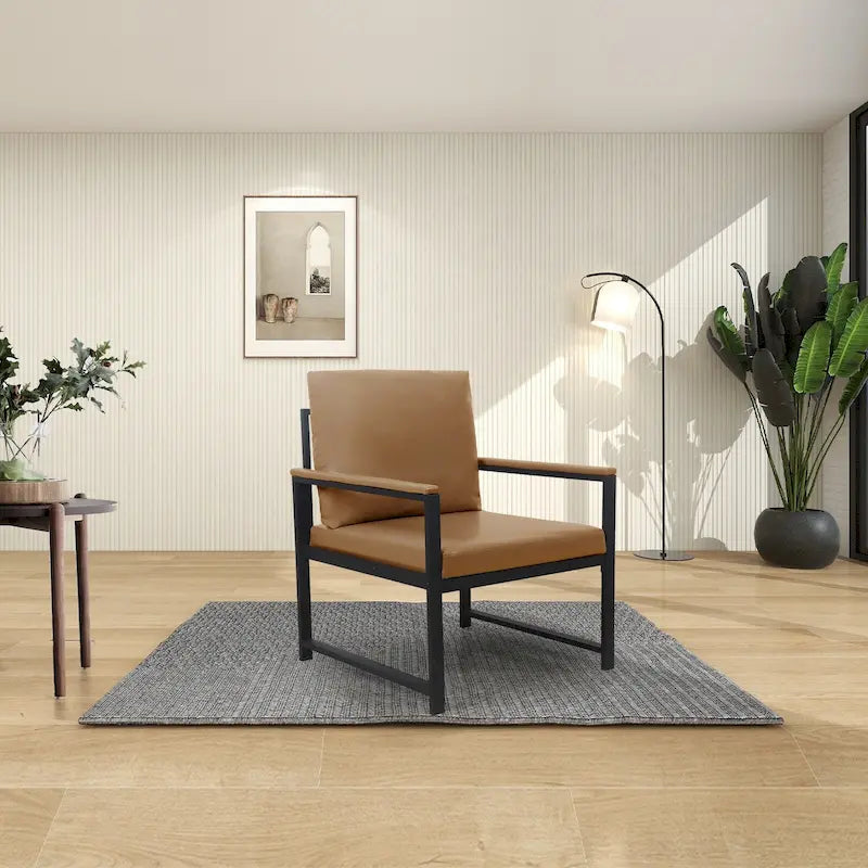 PU Leather Accent Armchair High-Density Foam Cushions Black Metal Frame Camel