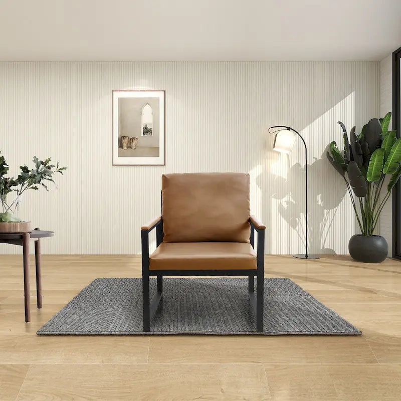PU Leather Accent Armchair High-Density Foam Cushions Black Metal Frame Camel