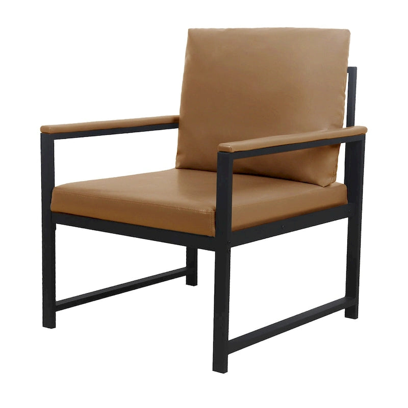 PU Leather Accent Armchair High-Density Foam Cushions Black Metal Frame Camel