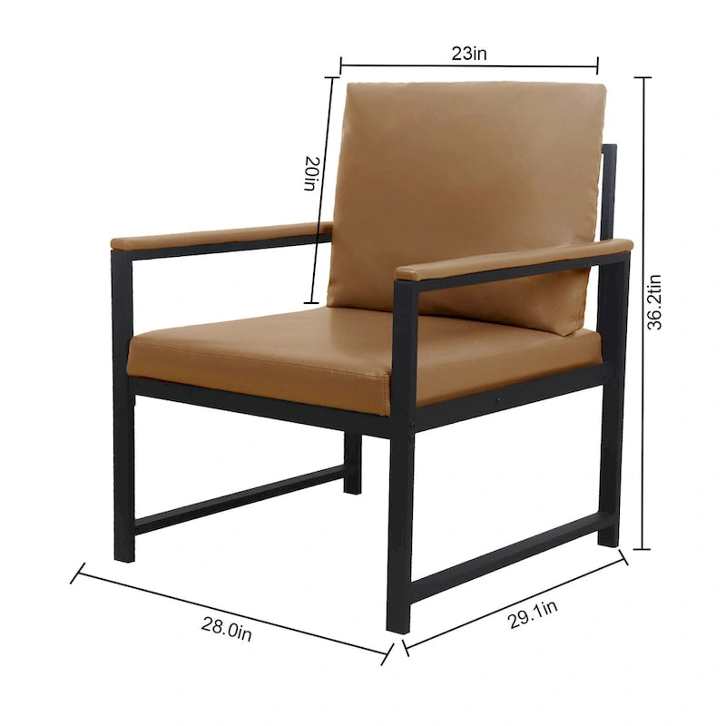 PU Leather Accent Armchair High-Density Foam Cushions Black Metal Frame Camel