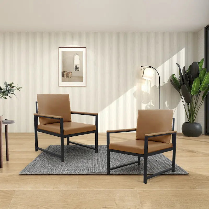 PU Leather Accent Armchair High-Density Foam Cushions Black Metal Frame Camel