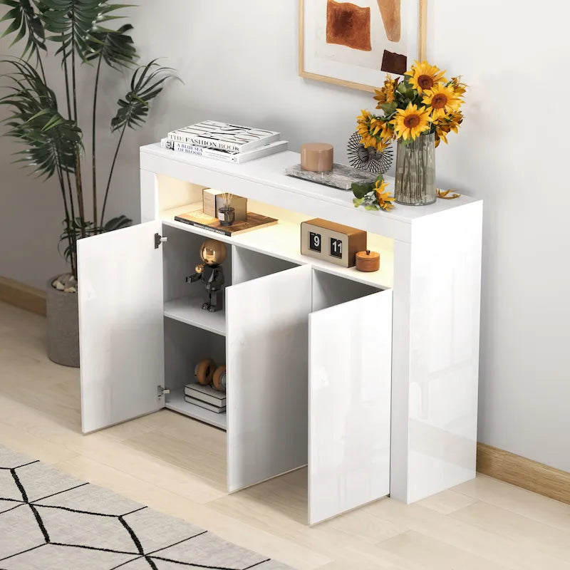 High Gloss 3-Door Sideboard Cabinet with LED Light Open Shelf