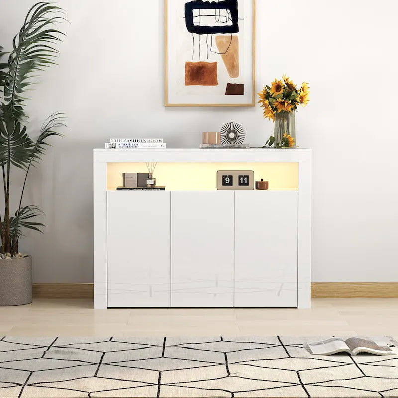High Gloss 3-Door Sideboard Cabinet with LED Light Open Shelf