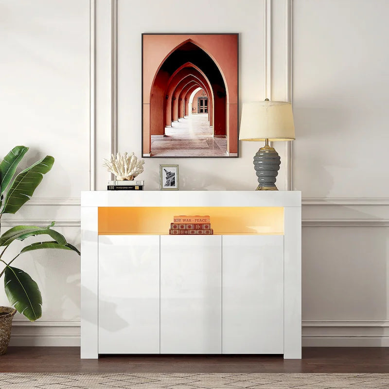 High Gloss 3-Door Sideboard Cabinet with LED Light Open Shelf