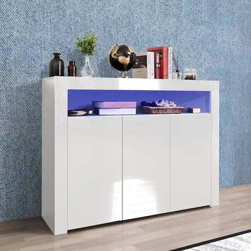High Gloss 3-Door Sideboard Cabinet with LED Light Open Shelf