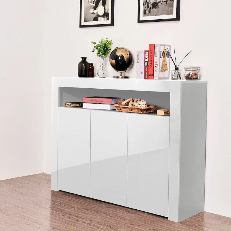 High Gloss 3-Door Sideboard Cabinet with LED Light Open Shelf