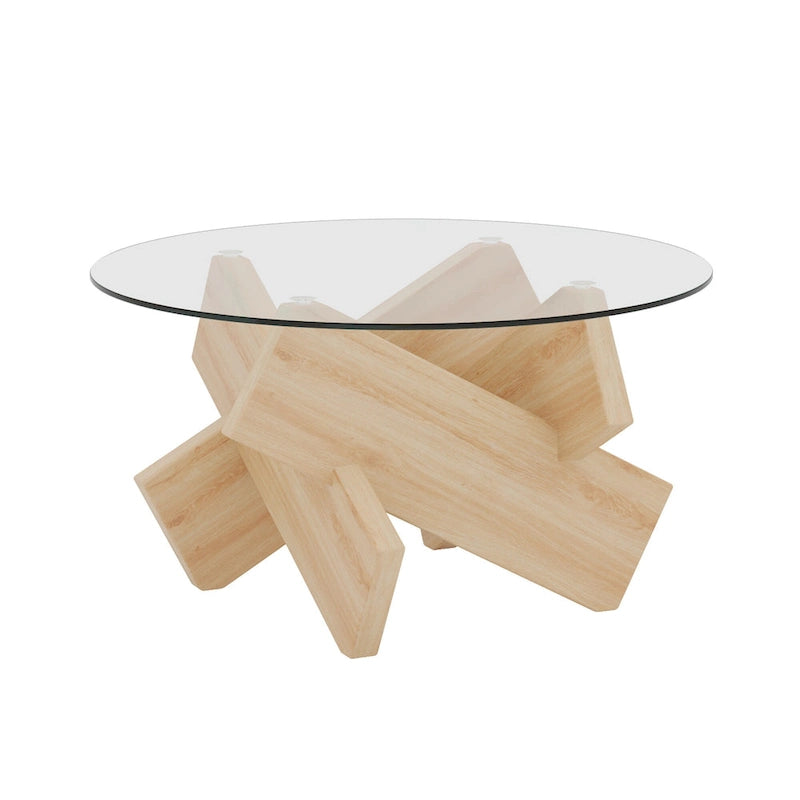 33.4 Modern Round Coffee Table with Clear Tempered Glass Top and MDF Legs for Living Room