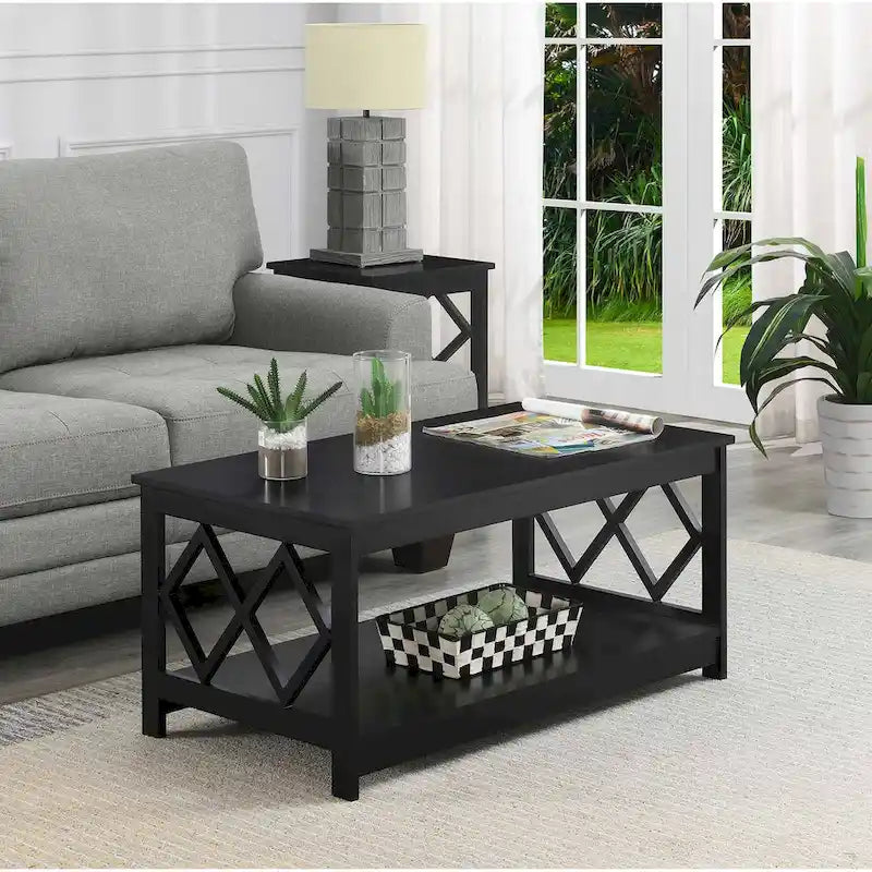 Two-Tier Coffee Table with Diamond Cut-Out Side Frames Lower Shelf