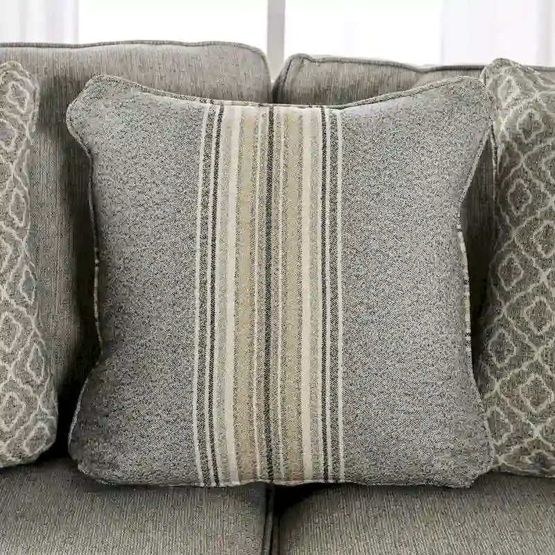 Grey Linen Transitional Sofa with Track Arms Welt Trim Accent Pillows