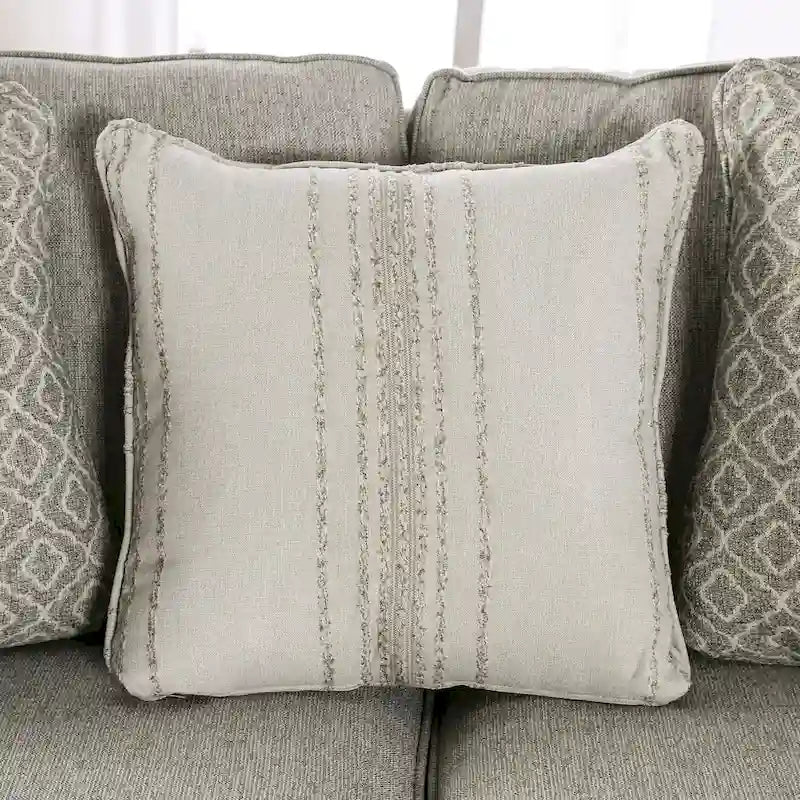 Grey Linen Transitional Sofa with Track Arms Welt Trim Accent Pillows