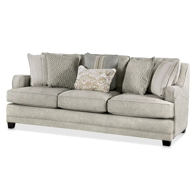Grey Linen Transitional Sofa with Track Arms Welt Trim Accent Pillows